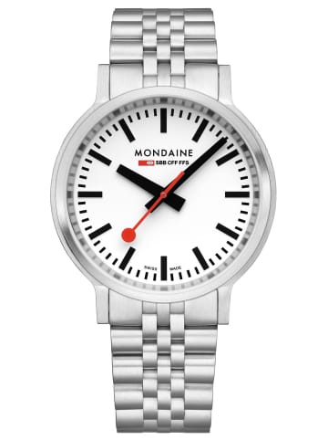 Mondaine Herrenuhr stop2go mit Stahlband 41 mm Weiß / Silber