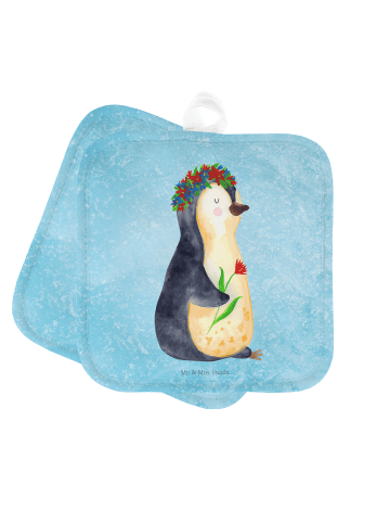 Mr. & Mrs. Panda Kochlappen Pinguin Blumen ohne Spruch in Eisblau