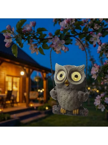 MARELIDA LED Solar Eule auf Schaukel Gartenfigur Tierfigur H: 19cm in grau