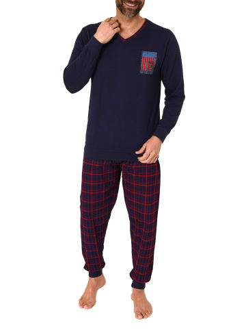 NORMANN langarm Schlafanzug Pyjama Bündchen und karierter Jersey Hose - 83128 in navy