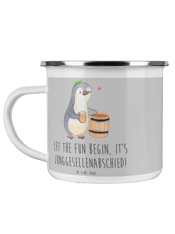 Mr. & Mrs. Panda Camping Emaille Tasse Junggesellenabschied Spaß... in Heather Grey