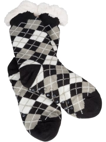 styleBREAKER ABS Kuschelsocken Geometrisch in Karo - Schwarz-Grau-Weiß