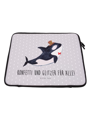 Mr. & Mrs. Panda Laptop Hülle Orca Zylinder mit Spruch in Grau Pastell