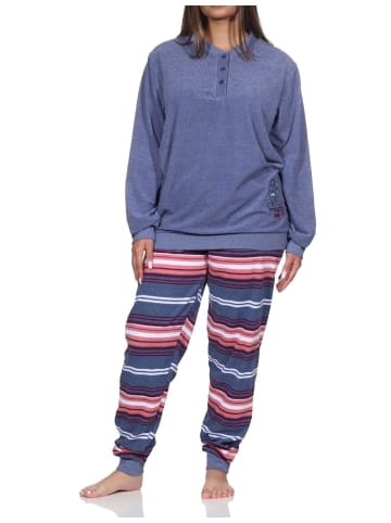 NORMANN Frottee Schlafanzug lang Bündchen Hose gestreift - 81799 in blau