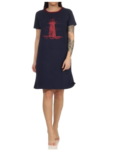 NORMANN Nachthemd kurzarm maritimimen Look und Leuchtturm - 60989 in navy