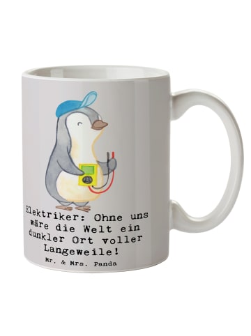 Mr. & Mrs. Panda Keramtiktasse Elektriker Helden mit Spruch in Grau Pastell
