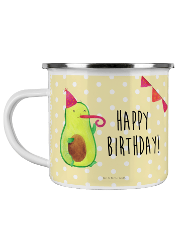 Mr. & Mrs. Panda Camping Emaille Tasse Avocado Geburtstag mit Sp... in Gelb Pastell
