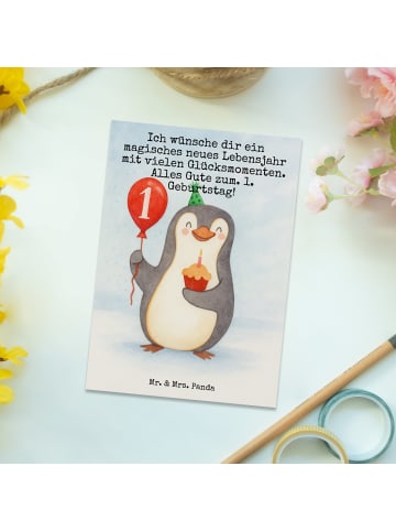Mr. & Mrs. Panda Ansichtskarte 1. Geburtstag Pinguin Luftballon ... in Weiß