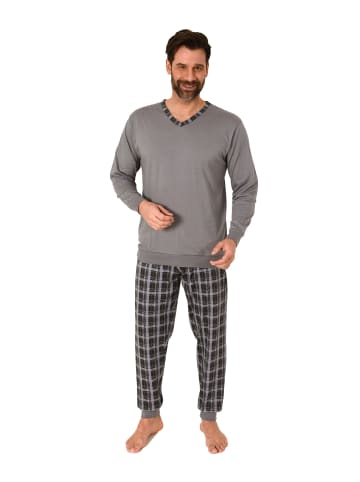 NORMANN Langarm Schlafanzug Bündchen und karierter Jersey Pyjamahose - 86155 in grau