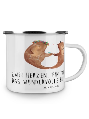 Mr. & Mrs. Panda Camping Emaille Tasse Brautpaar Herzen mit Spruch in Transparent