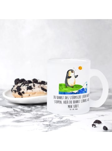 Mr. & Mrs. Panda Glas Pinguin Surfer mit Spruch in Transparent
