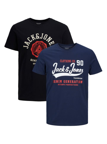 Jack & Jones 2-er Stück Pack Logo T-Shirts Rundhals Shirt JJELOGO in Blau-Schwarz