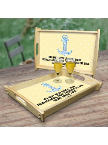 Mr. & Mrs. Panda Holz Tablett Anker Blau mit Spruch in Gelb Pastell
