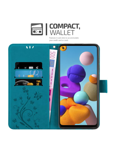 cadorabo Hülle für Samsung Galaxy A21s Blumen Design in FLORAL BLAU