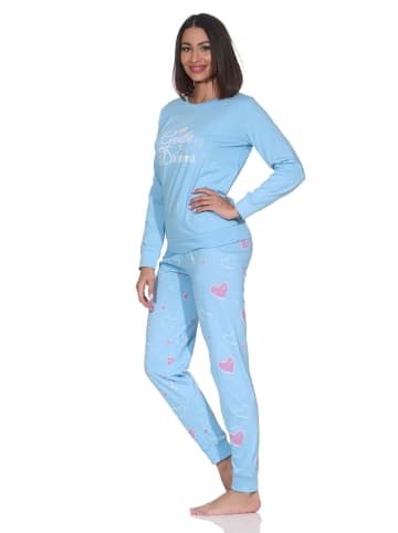 NORMANN Schlafanzug Pyjama langarm Herz Tupfen Punkte in hellblau1