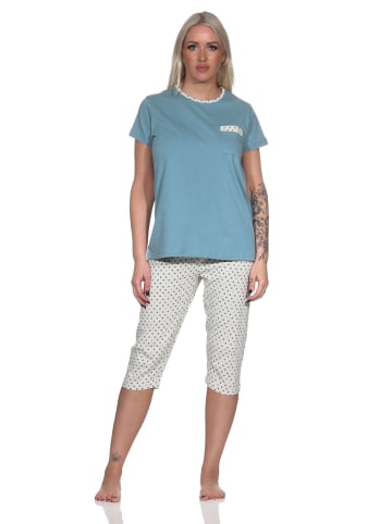 NORMANN Schlafanzug kurzarm Pyjama Caprihose Tupfen Punkte Optik - 86418 in blau
