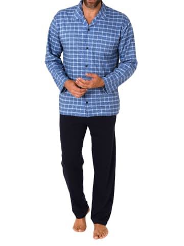 NORMANN Pyjama Schlafanzug lang zum durchknöpfen Karo - 71684 in hellblau