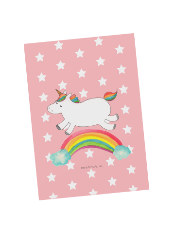 Mr. & Mrs. Panda Postkarte Einhorn Regenbogen ohne Spruch in Rot Pastell