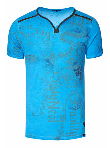 Rusty Neal V-Neck T-Shirt Verwaschen mit Prints und Wildleder Details in Sax
