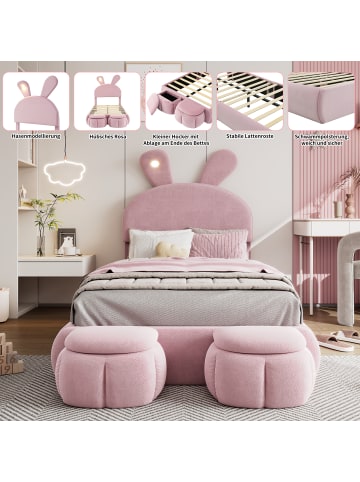 ABRIHOME Polsterbett in Rosa 90x200 cm mit Hasenohren LED 2 Hockern Samt