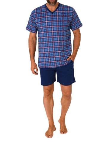 NORMANN Kurzarm Schlafanzug Shorty Jersey und karierten Pyjama Oberteil in marine