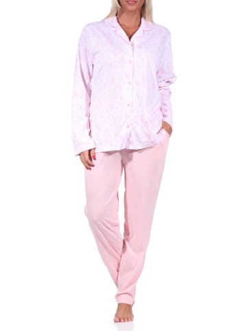 NORMANN Pyjama langarm Schlafanzug zum durchknöpfen Single Jersey - 69243 in rosa