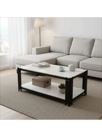 ABRIHOME Couchtisch in Schwarz Marmoroptik 114x64x46 cm mit Metallbeinen