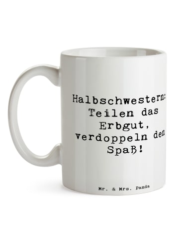 Mr. & Mrs. Panda Cappuccinotasse Spruch Halbschwester Freude mit... in Weiß