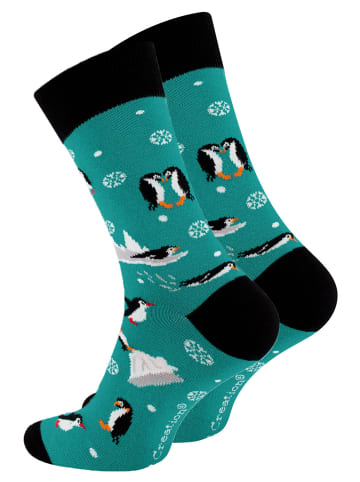 Vincent Creation® Bunte Fun Socken Farbenfrohe Freizeitsocken Damen & Herren in Pinguinpetrol