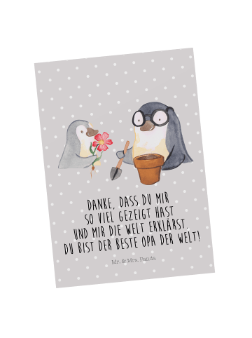 Mr. & Mrs. Panda Postkarte Pinguin Opa Blumen pflanzen mit Spruch in Grau Pastell