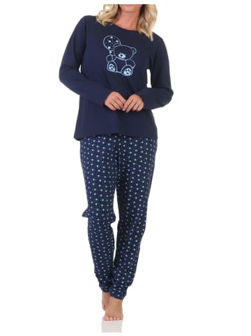 NORMANN Normann Damen Pyjama Schlafanzug langarm mit süßem Teddy - 88892 in navy