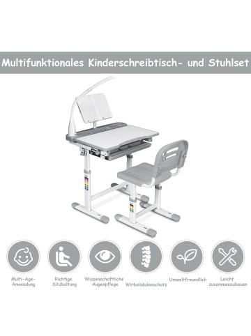 COSTWAY Kinderschreibtisch mit Lampe & Stuhl in Grau