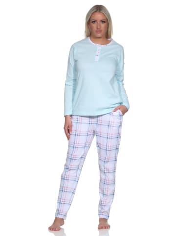 NORMANN Schlafanzug langarm Pyjama karierter Hose Jersey - 78566 in hellblau