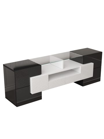 ABRIHOME TV-Schrank in Schwarz Hochglanz 145 cm mit LED Beleuchtung und Glasoberfläche