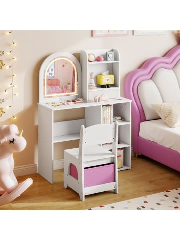 COSTWAY 2 in 1 Kinder Schminktisch Set mit Beleuchtung in Weiß