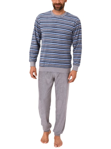 NORMANN Frottee Pyjama langarm Bündchen Streifen - 49642 in grau/blau