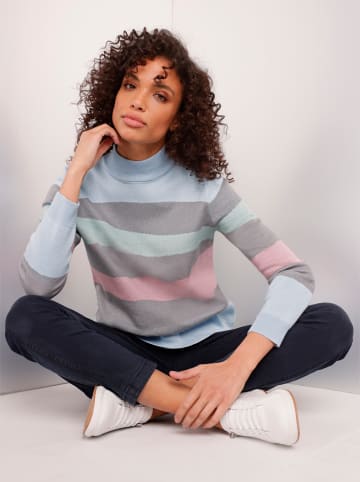 creation L Stehkragenpullover in grau-bleu-gemustert