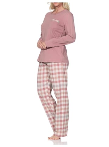 NORMANN Schlafanzug langarm karierte Flanell Pyjamahose in altrose