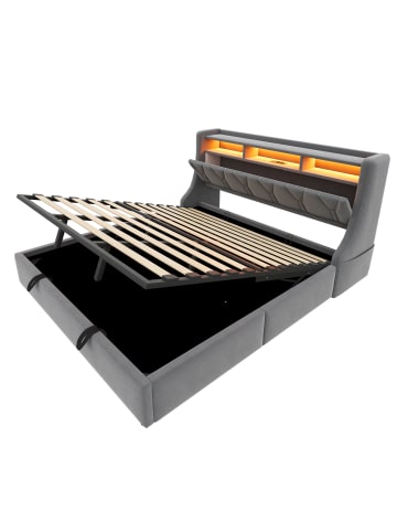 ABRIHOME Doppelbett 180 x 200 cm mit Steckdose und Ablagefach, LED Beleuchtung, Grau