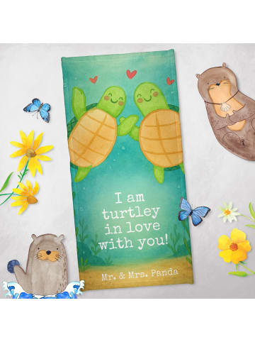 Mr. & Mrs. Panda Badehandtuch Schildkröten Paar Design mit Spruch in Grau Pastell