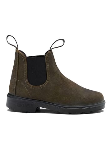 Blundstone Chelsea Boot "#2496 Dark Olive Waxed Suede (Kids)" in Braun