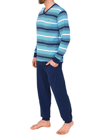 NORMANN Langarm Schlafanzug Pyjama Bündchen Streifen auch in Übergröße in marine