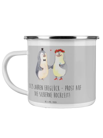 Mr. & Mrs. Panda Camping Emaille Tasse 25. Hochzeitstag Silberne... in Heather Grey