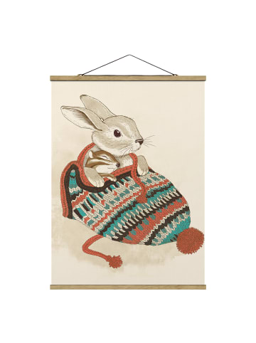 WALLART Stoffbild - Laura Graves - Illustration Kuschelnder Hase Mütze in Creme-Beige