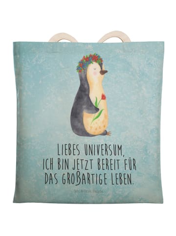 Mr. & Mrs. Panda Einkaufstasche Pinguin Blumen mit Spruch in Eisblau