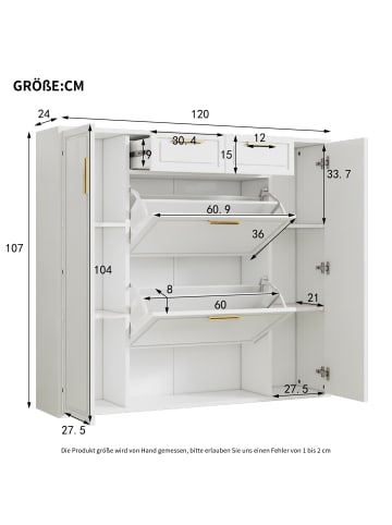ABRIHOME Schuhschrank in Weiß 120x24x107 cm mit 2 Schubladen 2 Türen Klappfach