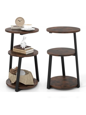 COSTWAY 2er Set Beistelltisch mit 3 Ebenen in Braun