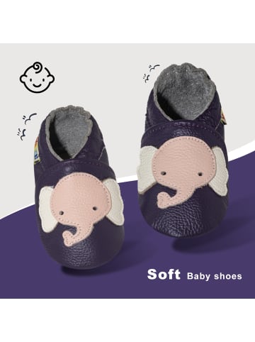 Yalion Baby Krabbelschuhe weiches Leder rutschfest Elefant Dunkellila