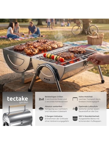 tectake Wetterfester Grill aus Edelstahl mit Doppel-Grillfläche, Kohlewannen