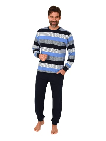 NORMANN Langarm Schlafanzug Pyjama Bündchen Streifen - 86586 in blau